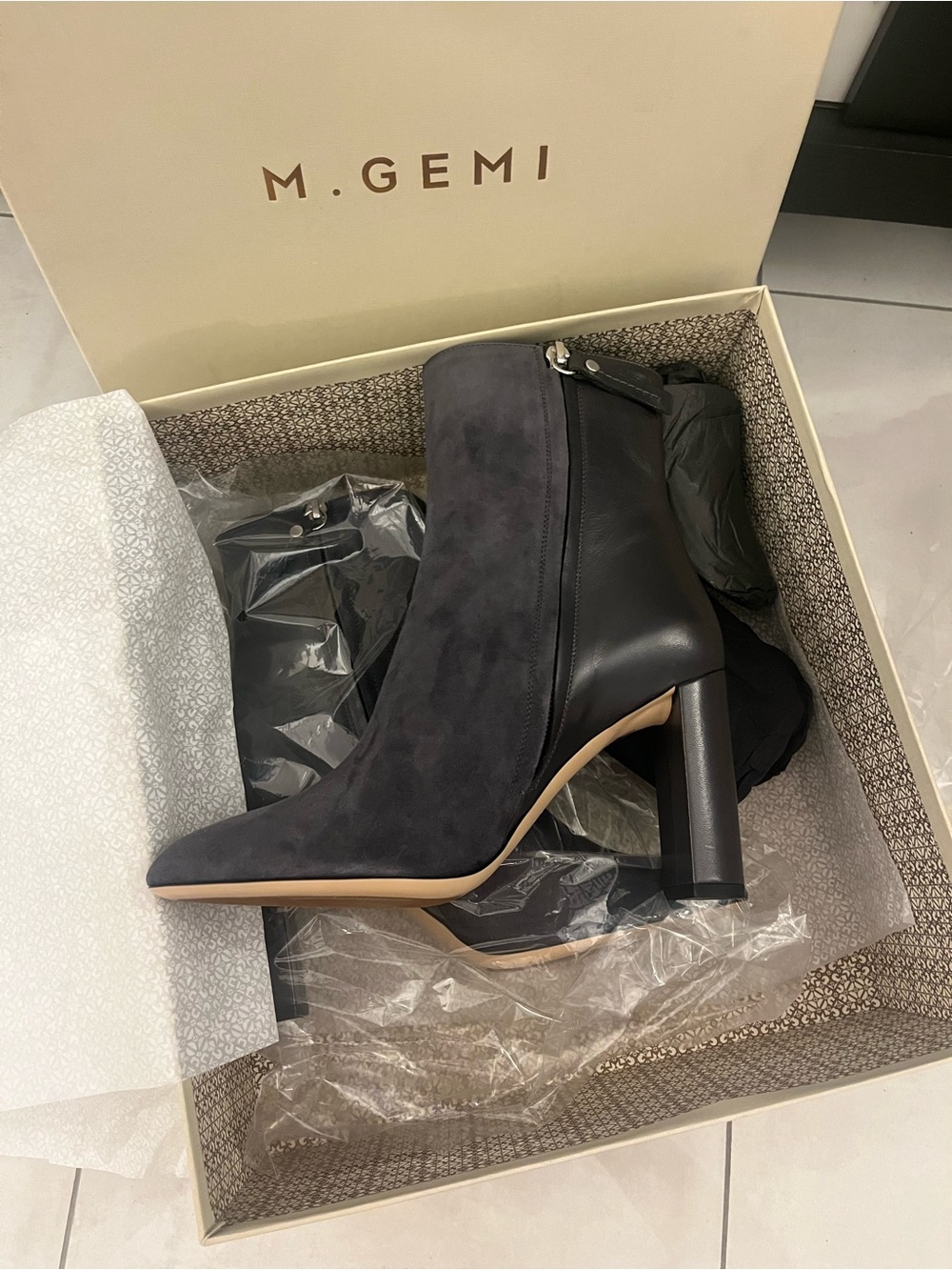 M. Gemi Charcoal Suede & Leather Block Heel Ankle Boot